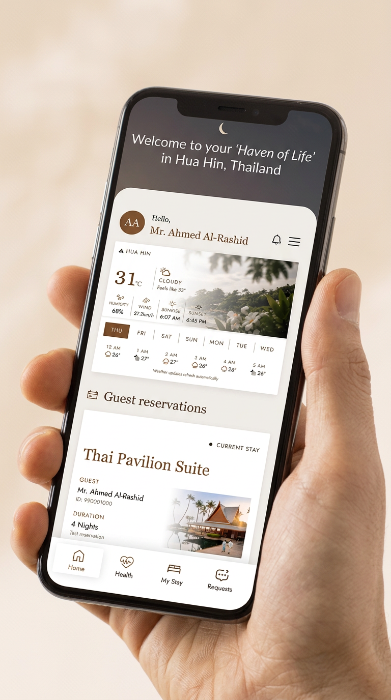 Chiva-Som guest app design showing the welcome and reservation screens