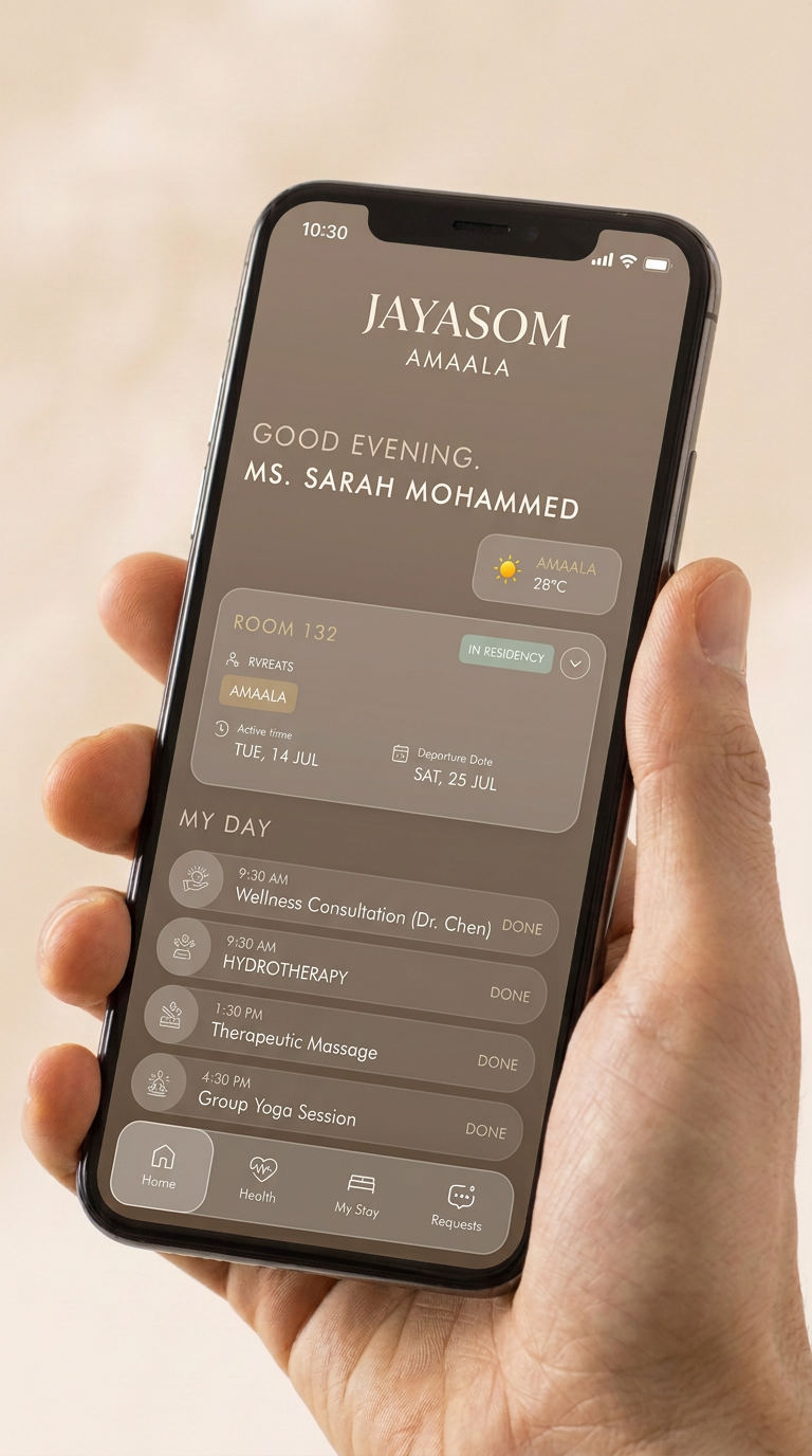 Jayasom guest app design showing the welcome and reservation screens