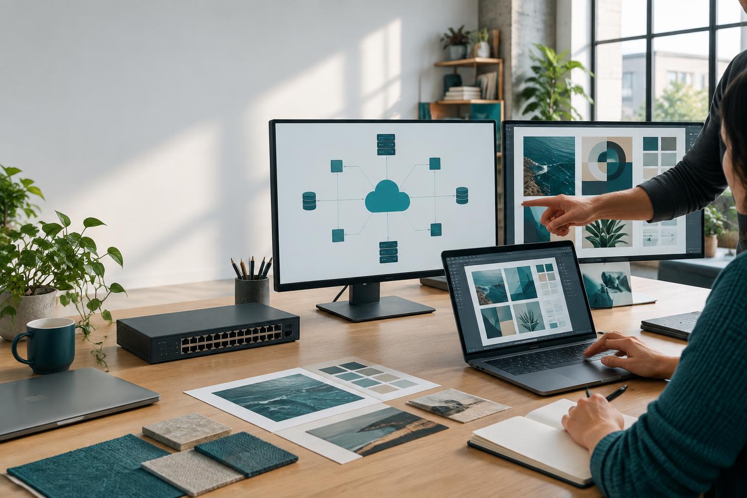 Technology and design team collaborating around cloud infrastructure and visual work